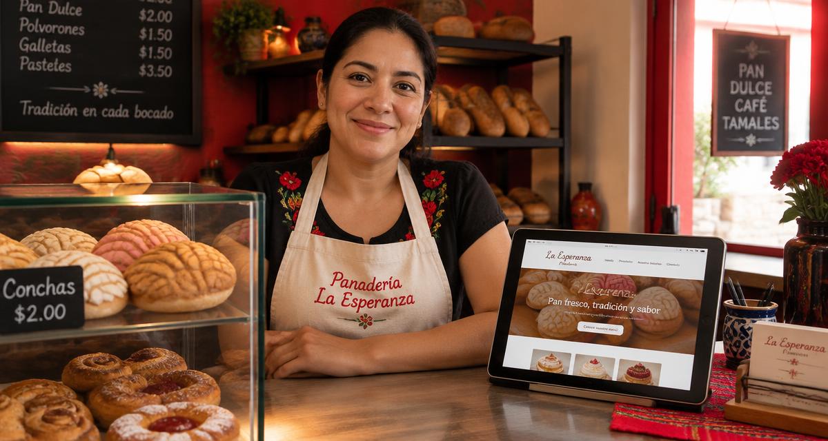 Dueña de una panadería sonriendo detrás del mostrador junto a una tableta con la página web de su negocio